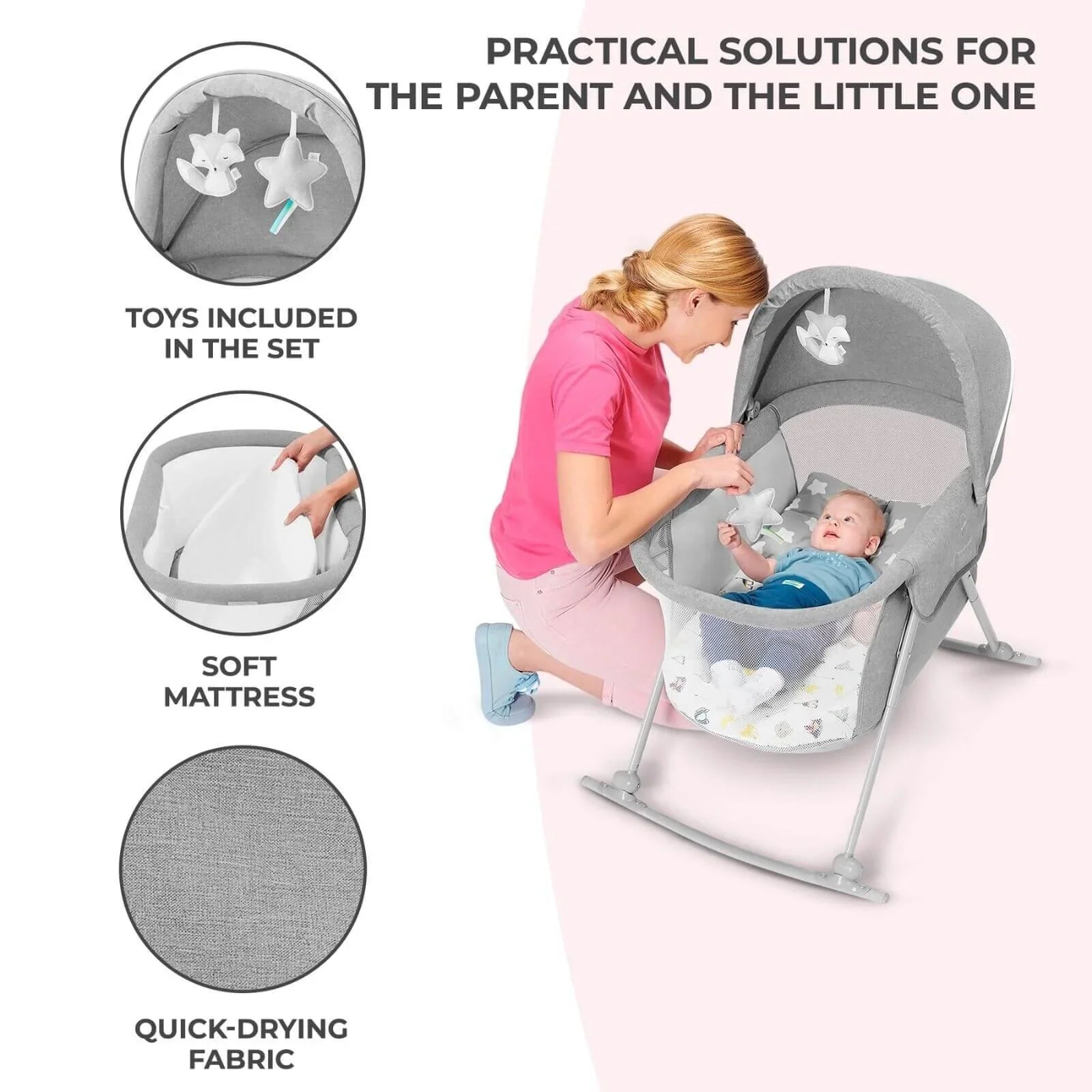 Kinderkraft Lovi 3 in 1 Baby Crib - Grey