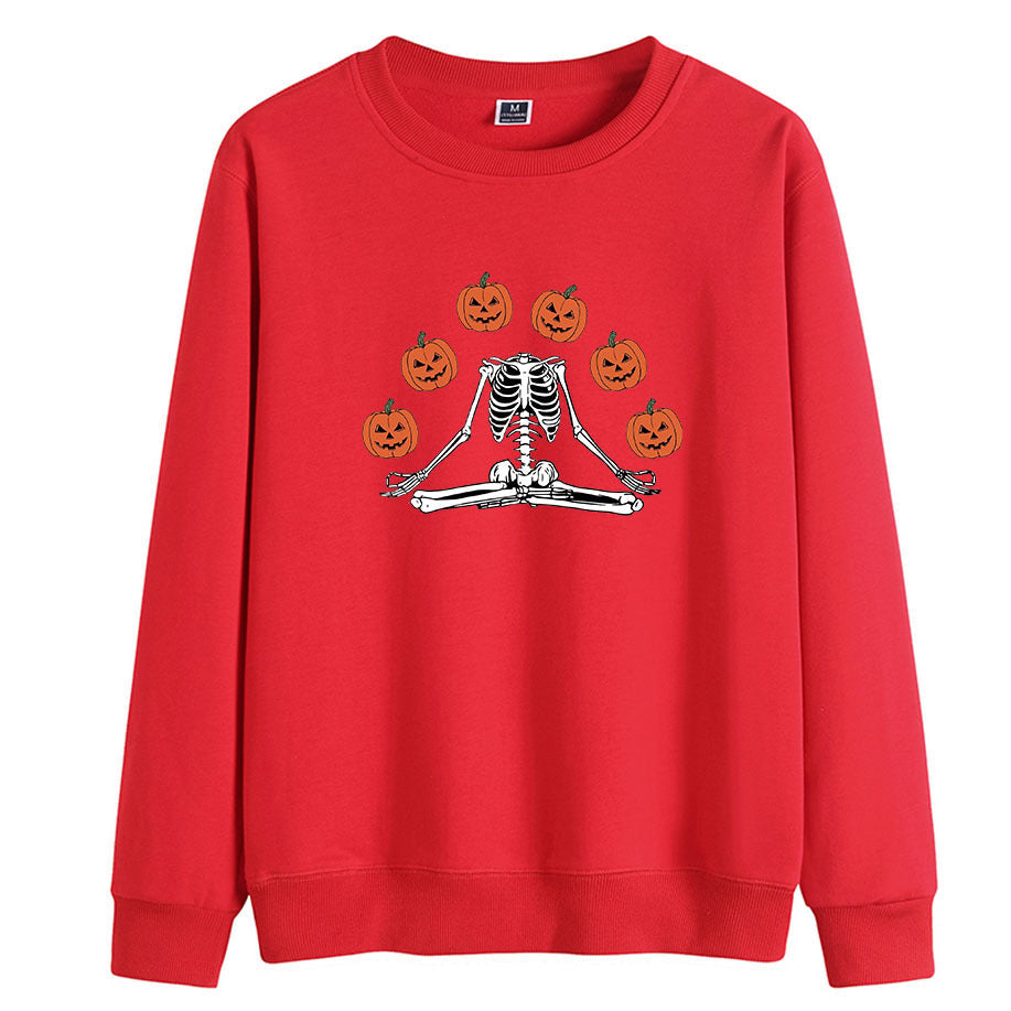 Female Wansheng Pumpkin Skull Printed Crew Neck Sweatshirt