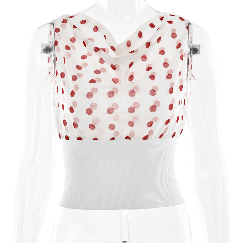 Polka Dots Print Oblique Shoulder Tops Summer Patchwork Chiffon Crop Top Women Sexy Sleeveless Lace Up Backless Blouse Casual Streetwear Tee