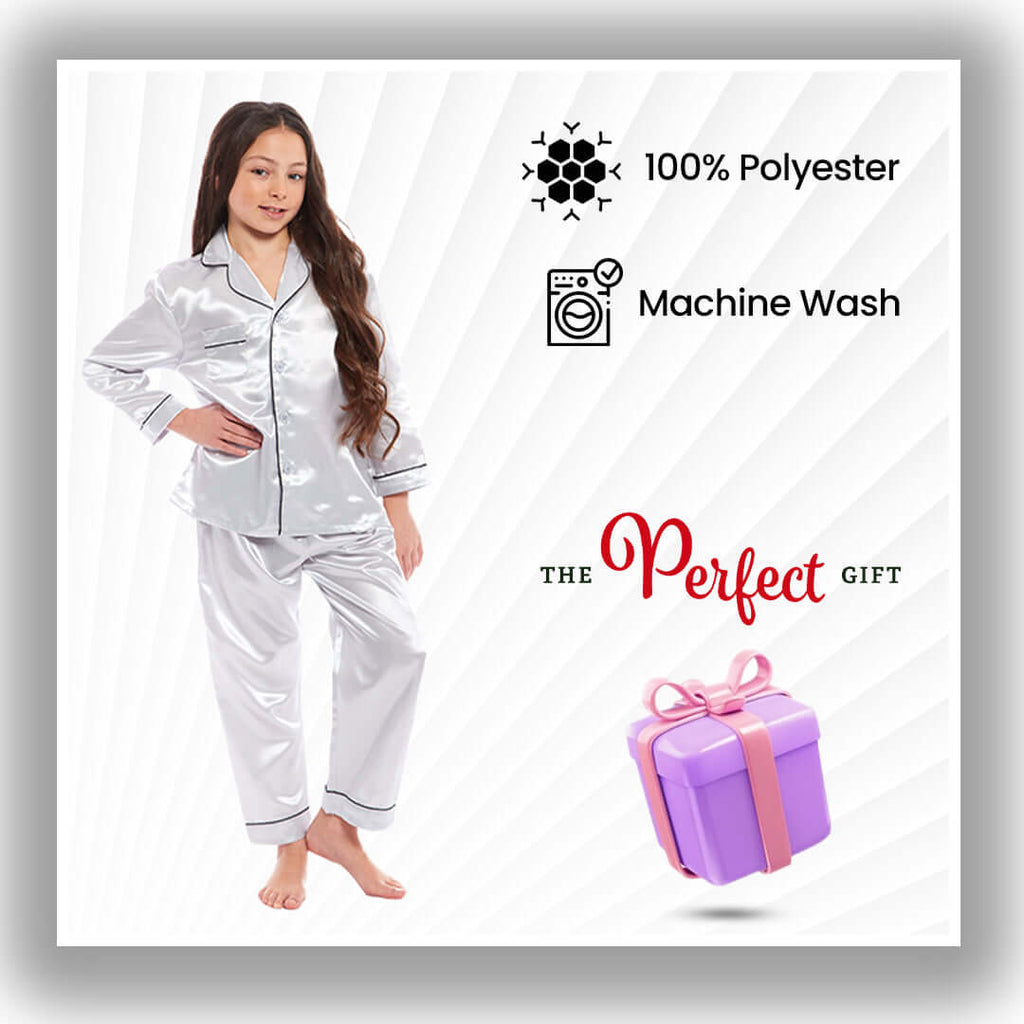 Girls Long Sleeve Satin Silk Pyjama Set Comfortable Button-Down Sleepwear in Black Pink Grey Sizes 5-14 YRS by Daisy Dreamer