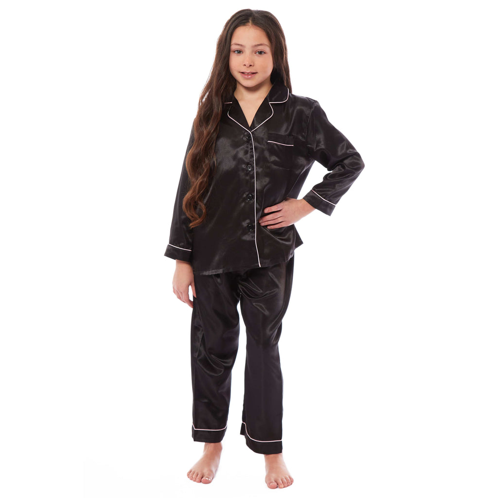 Girls Satin Silk Long Sleeve Pyjama Set Elegant Loungewear Cosy Nightwear Button-Down Shirt by Daisy Dreamer