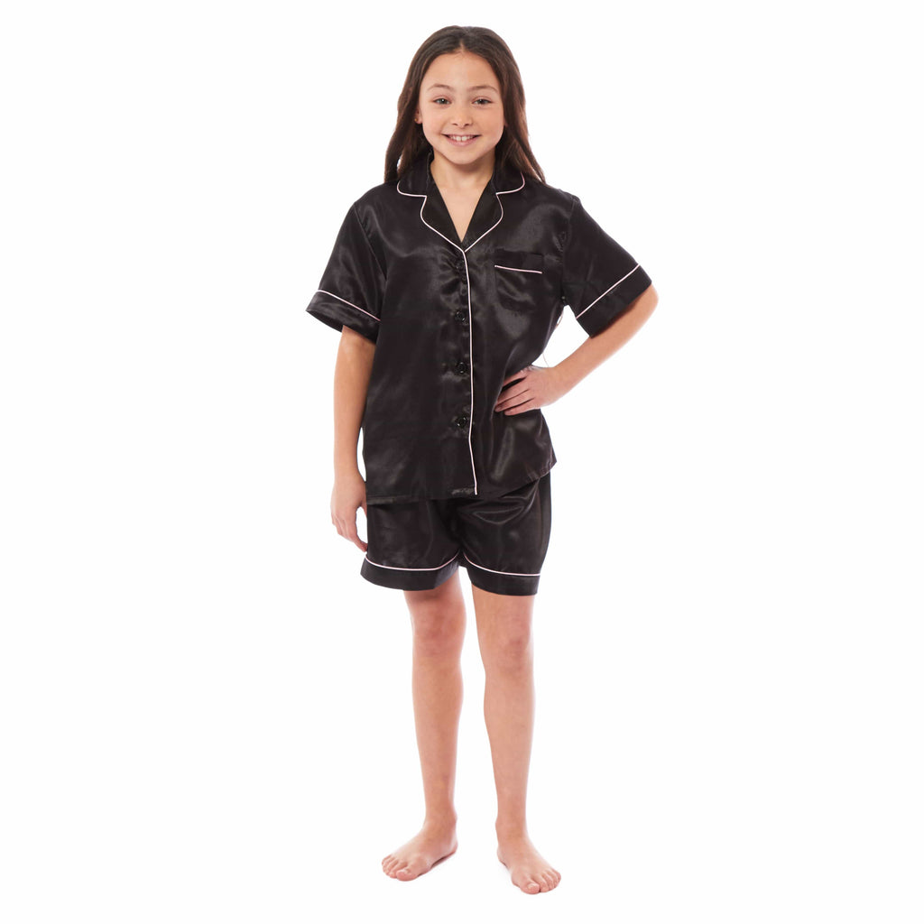 Girls Satin Silk Short Pyjama Set Button-Down Shirt and Loose-Fitting Pants Loungewear Nightwear by Daisy Dreamer