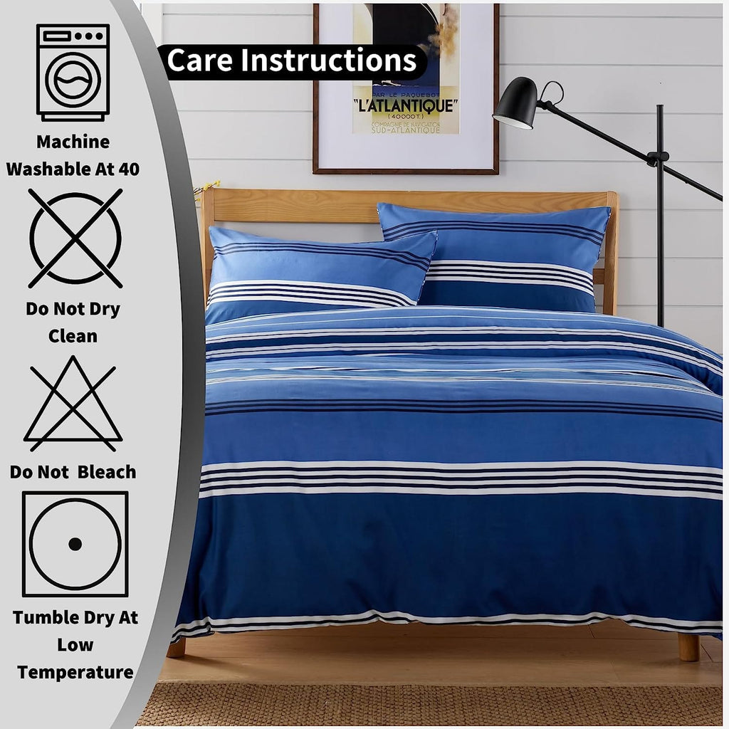 Harlow Stripes Blue Duvet Cover Set with Pillowcases Breathable Polyester Button Closure Bedding Available in Single Double and King Sizes by OLIVIA ROCCO