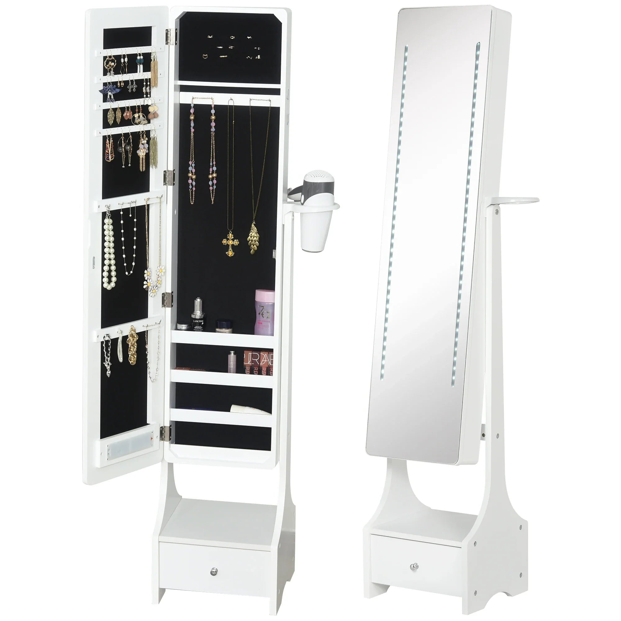 HOMCOM Freestanding Jewellery Storage Mirror Armoire with LED Lights, Hooks & Drawer