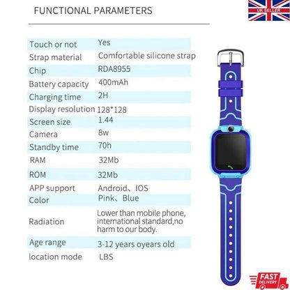 Kids GPS Smart Watch Phone SOS Tracker Camera Boys Girls 4-12 Years Safety Watch
