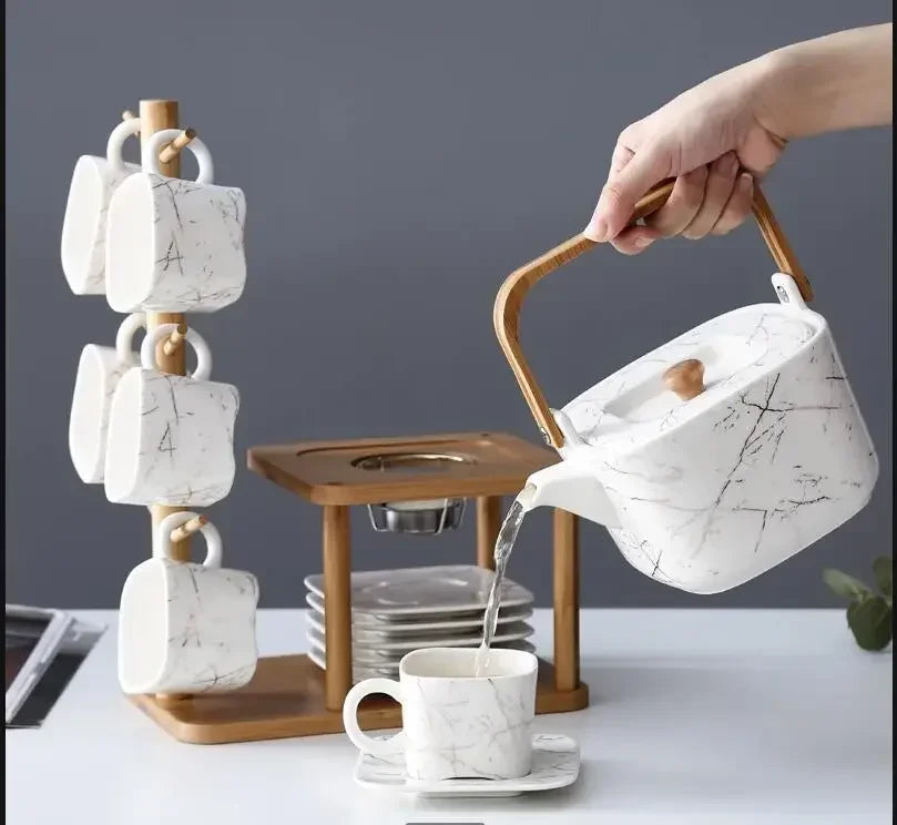 Japanese Ceramic Marble-Effect Teapot & Cup Set with Bamboo Handle and Warmer Stand – 7 Piece Tea & Coffee Set