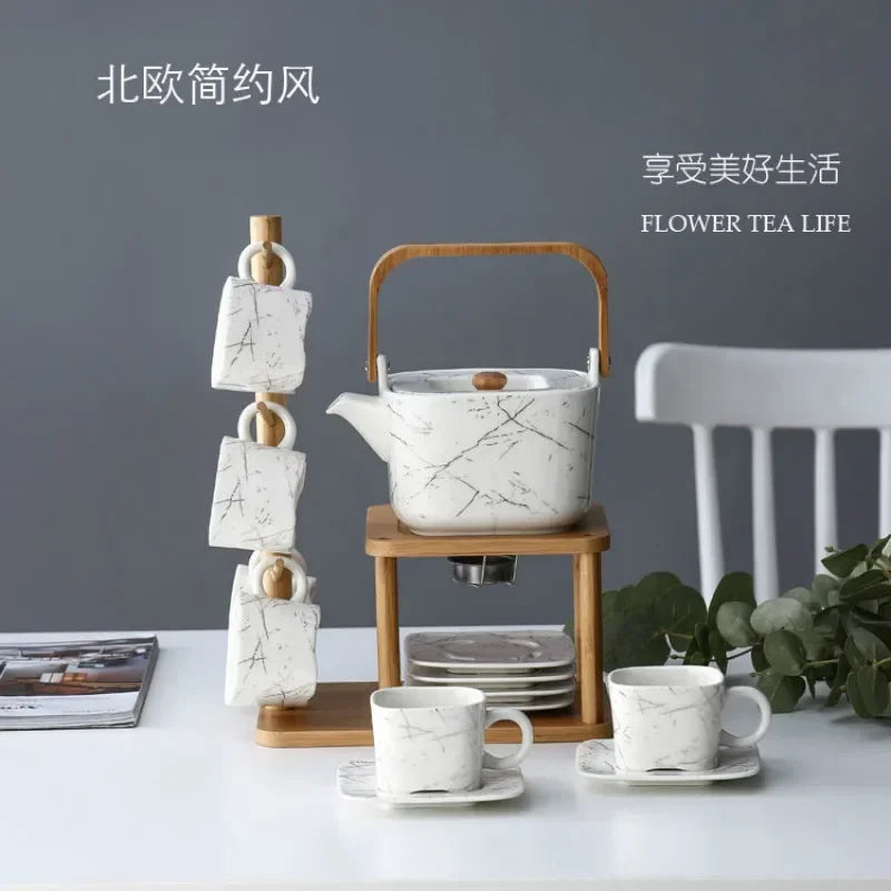 Japanese Ceramic Marble-Effect Teapot & Cup Set with Bamboo Handle and Warmer Stand – 7 Piece Tea & Coffee Set
