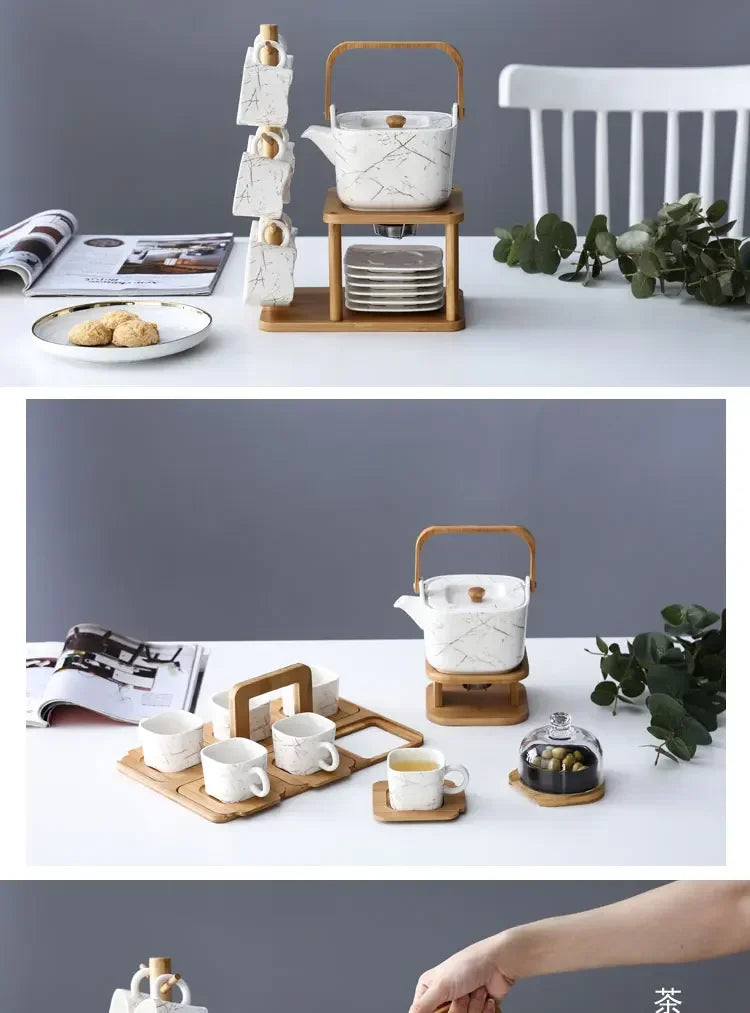 Japanese Ceramic Marble-Effect Teapot & Cup Set with Bamboo Handle and Warmer Stand – 7 Piece Tea & Coffee Set