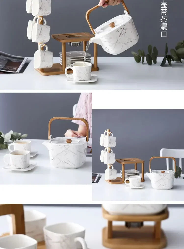 Japanese Ceramic Marble-Effect Teapot & Cup Set with Bamboo Handle and Warmer Stand – 7 Piece Tea & Coffee Set