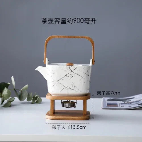 Japanese Ceramic Marble-Effect Teapot & Cup Set with Bamboo Handle and Warmer Stand – 7 Piece Tea & Coffee Set