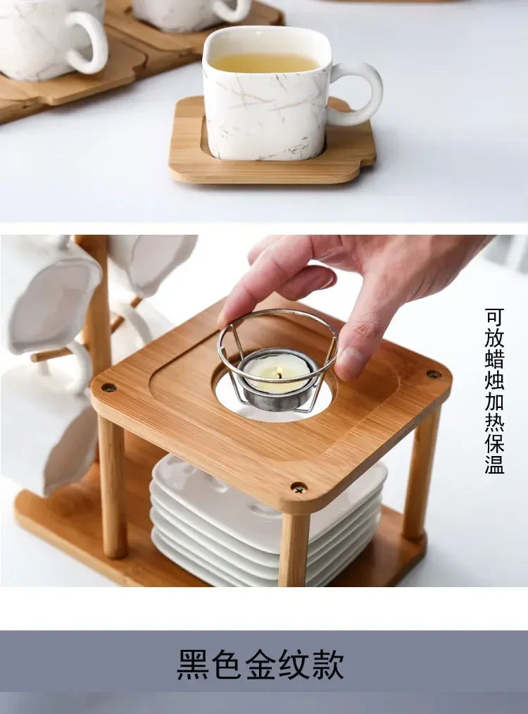 Japanese Ceramic Marble-Effect Teapot & Cup Set with Bamboo Handle and Warmer Stand – 7 Piece Tea & Coffee Set