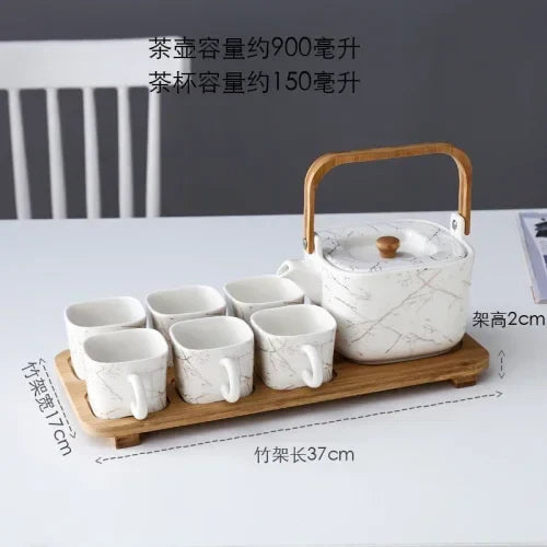 Japanese Ceramic Marble-Effect Teapot & Cup Set with Bamboo Handle and Warmer Stand – 7 Piece Tea & Coffee Set