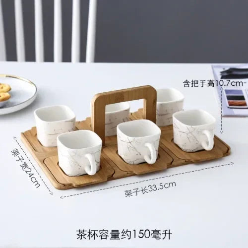 Japanese Ceramic Marble-Effect Teapot & Cup Set with Bamboo Handle and Warmer Stand – 7 Piece Tea & Coffee Set