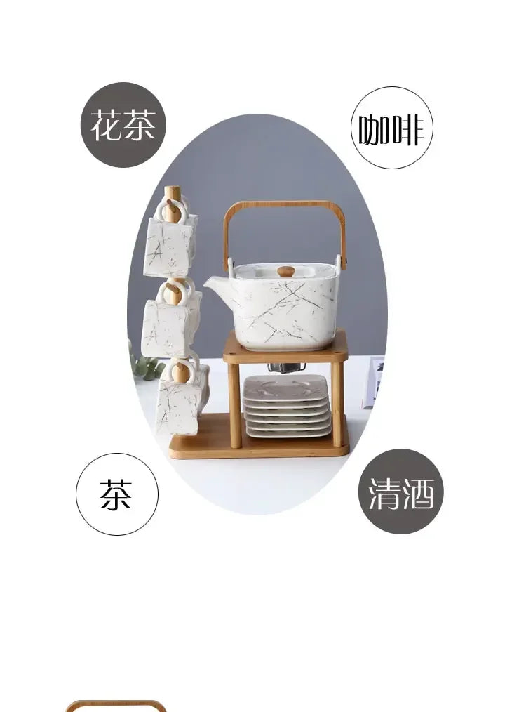 Japanese Ceramic Marble-Effect Teapot & Cup Set with Bamboo Handle and Warmer Stand – 7 Piece Tea & Coffee Set