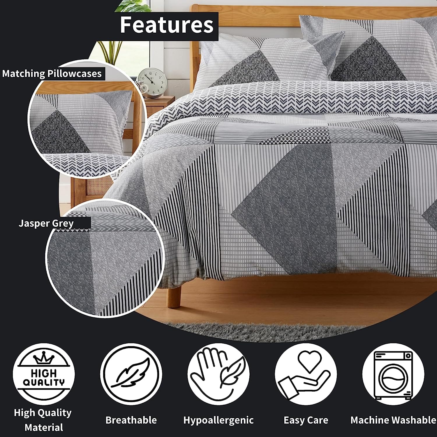 Jasper Grey Printed Reversible Quilted Duvet Cover Set with Button Closure in Single Double and King High-Quality Polyester by OLIVIA ROCCO