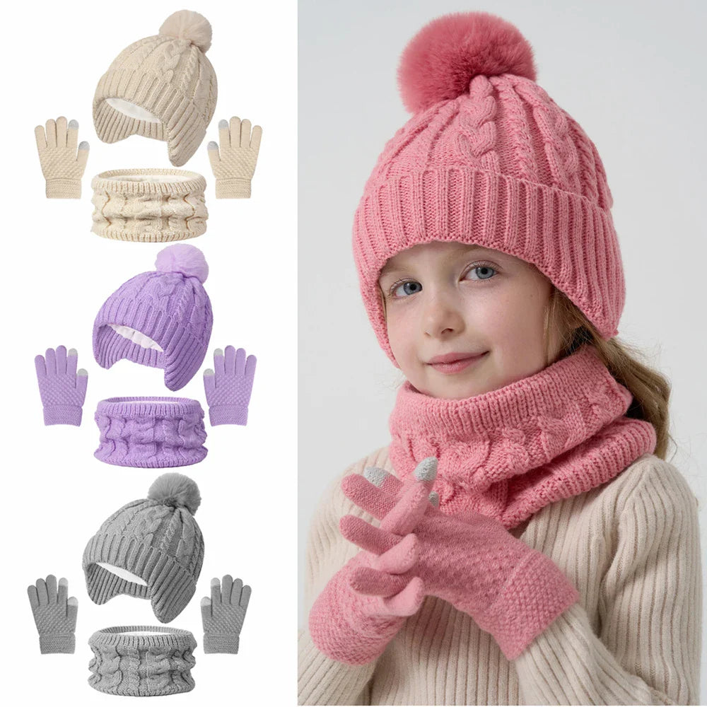 Kids 3-Piece Knitted Winter Set – Hat Scarf Gloves with Fleece Lining