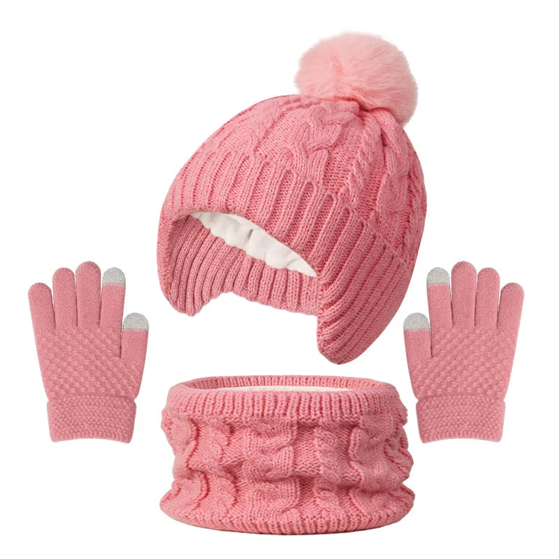 Kids 3-Piece Knitted Winter Set – Hat Scarf Gloves with Fleece Lining