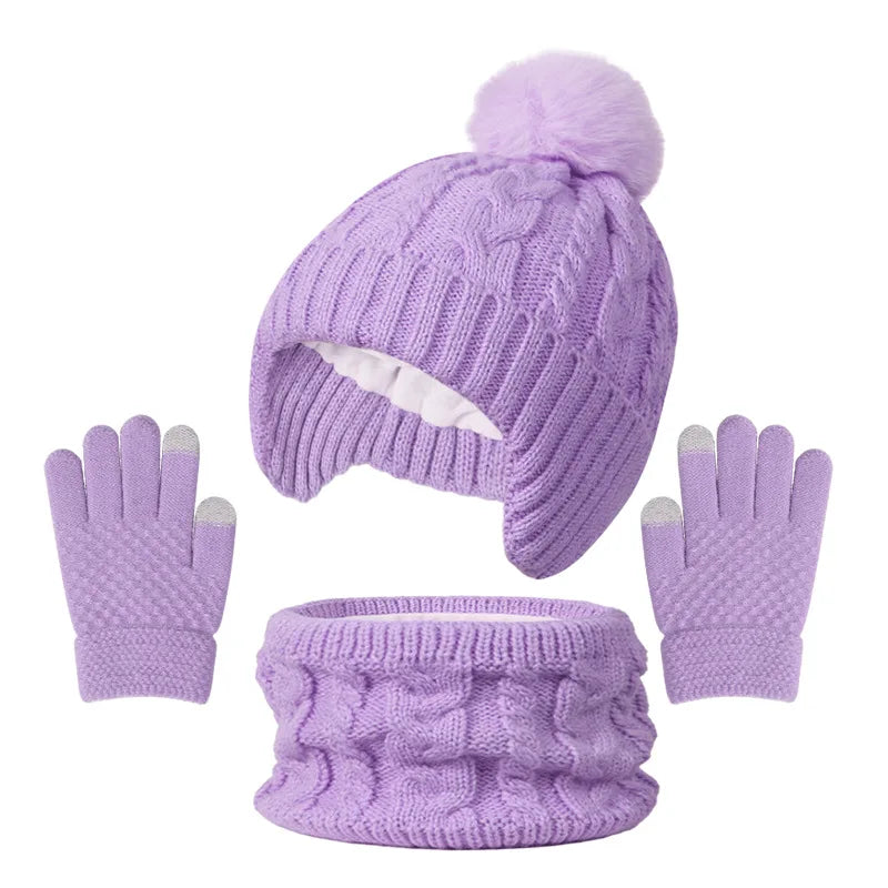 Kids 3-Piece Knitted Winter Set – Hat Scarf Gloves with Fleece Lining