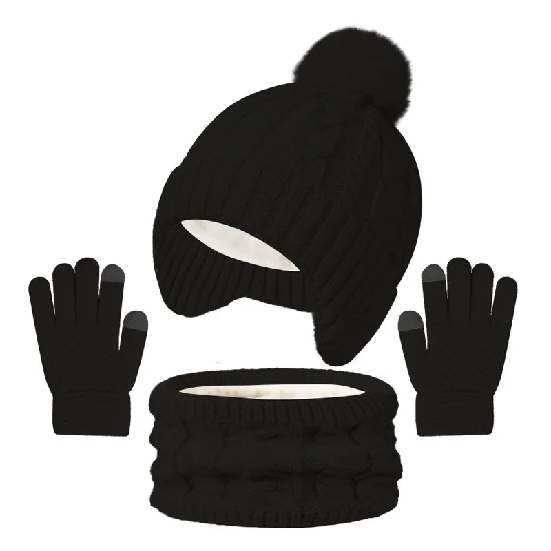 Kids 3-Piece Knitted Winter Set – Hat Scarf Gloves with Fleece Lining