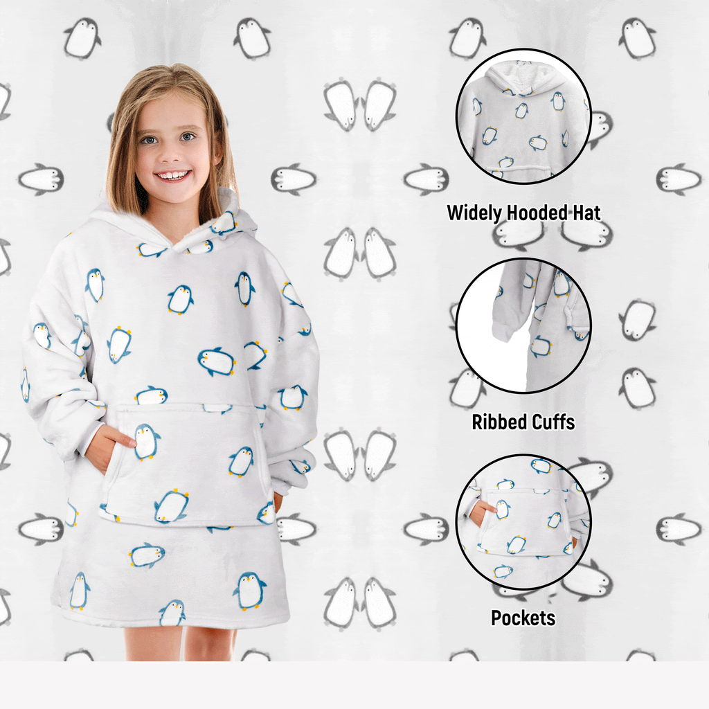 Kids Oversized Hooded Penguin Blanket Hoodie Ultra Soft Sherpa Flannel for Ages 8-15 Warm and Cozy by Daisy Dreamer