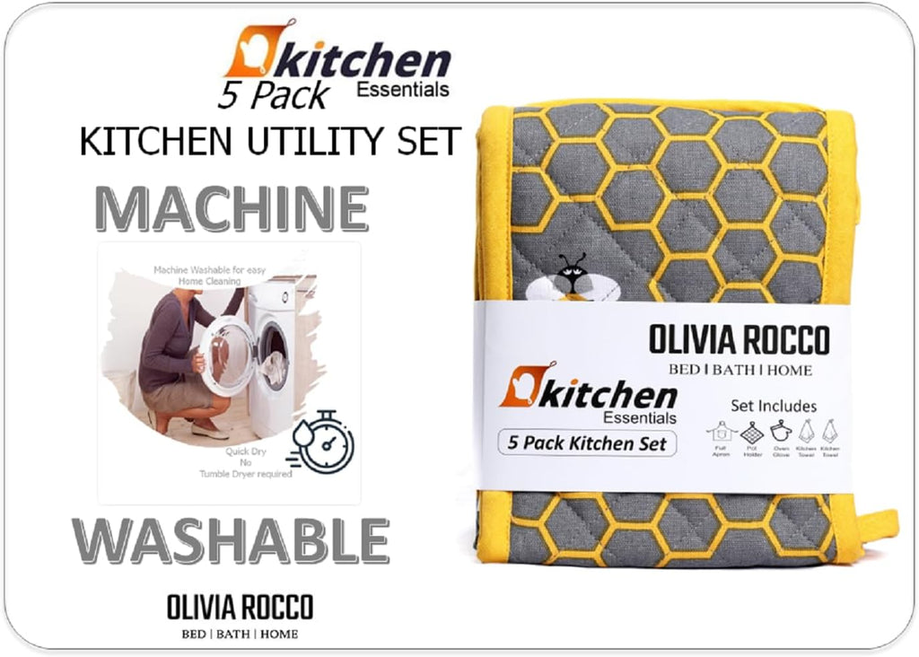 Kitchen Sets Apron Double Oven Gloves Towel Set Heat Resistant Oven Mitts Pot Holder for Home Kitchen Baking and Cooking Pack of 5 by OLIVIA ROCCO