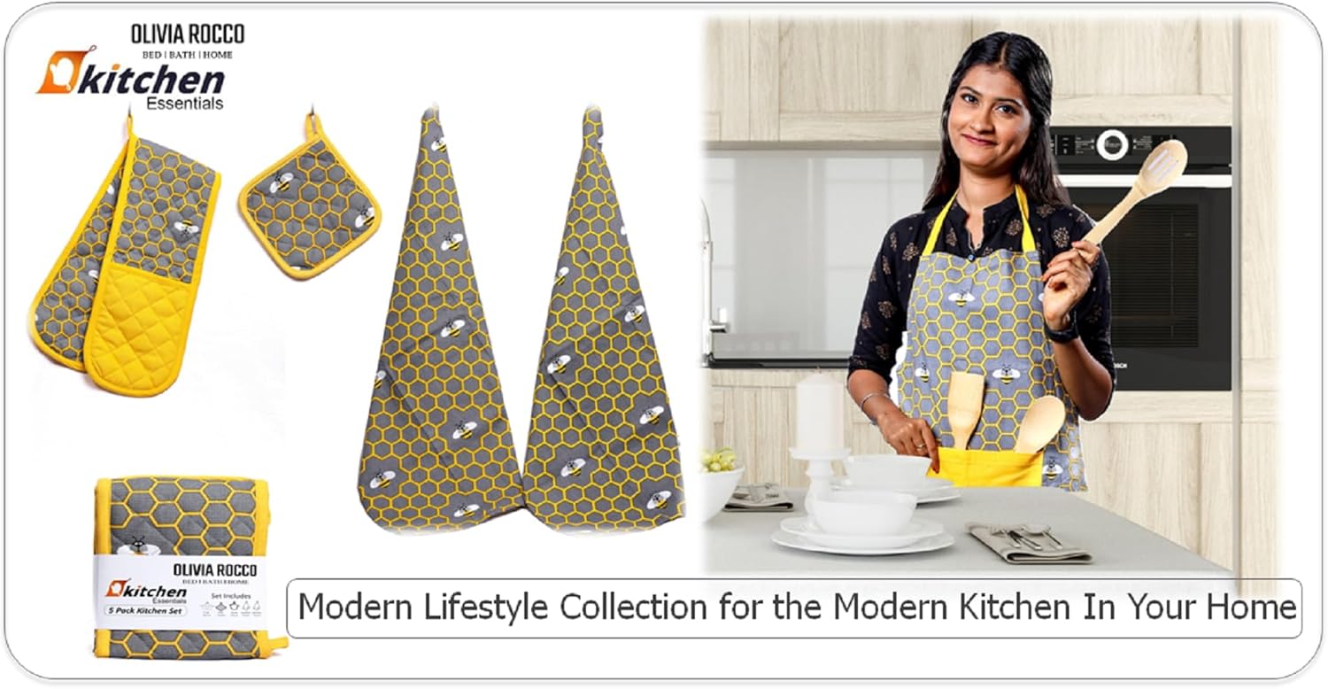 Kitchen Sets Apron Double Oven Gloves Towel Set Heat Resistant Oven Mitts Pot Holder for Home Kitchen Baking and Cooking Pack of 5 by OLIVIA ROCCO