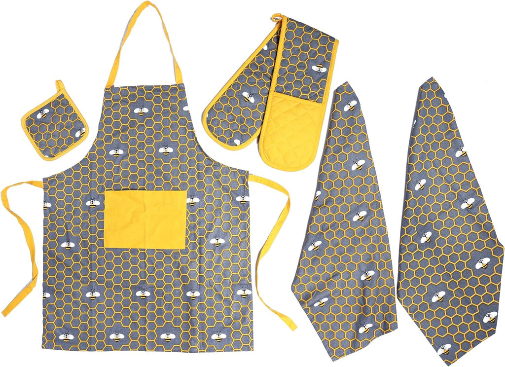 Kitchen Sets Apron Double Oven Gloves Towel Set Heat Resistant Oven Mitts Pot Holder for Home Kitchen Baking and Cooking Pack of 5 by OLIVIA ROCCO