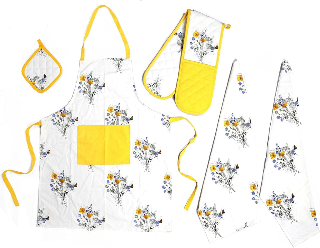 Kitchen Sets Apron Double Oven Gloves Towel Set Heat Resistant Oven Mitts Pot Holder for Home Kitchen Baking and Cooking Pack of 5 by OLIVIA ROCCO