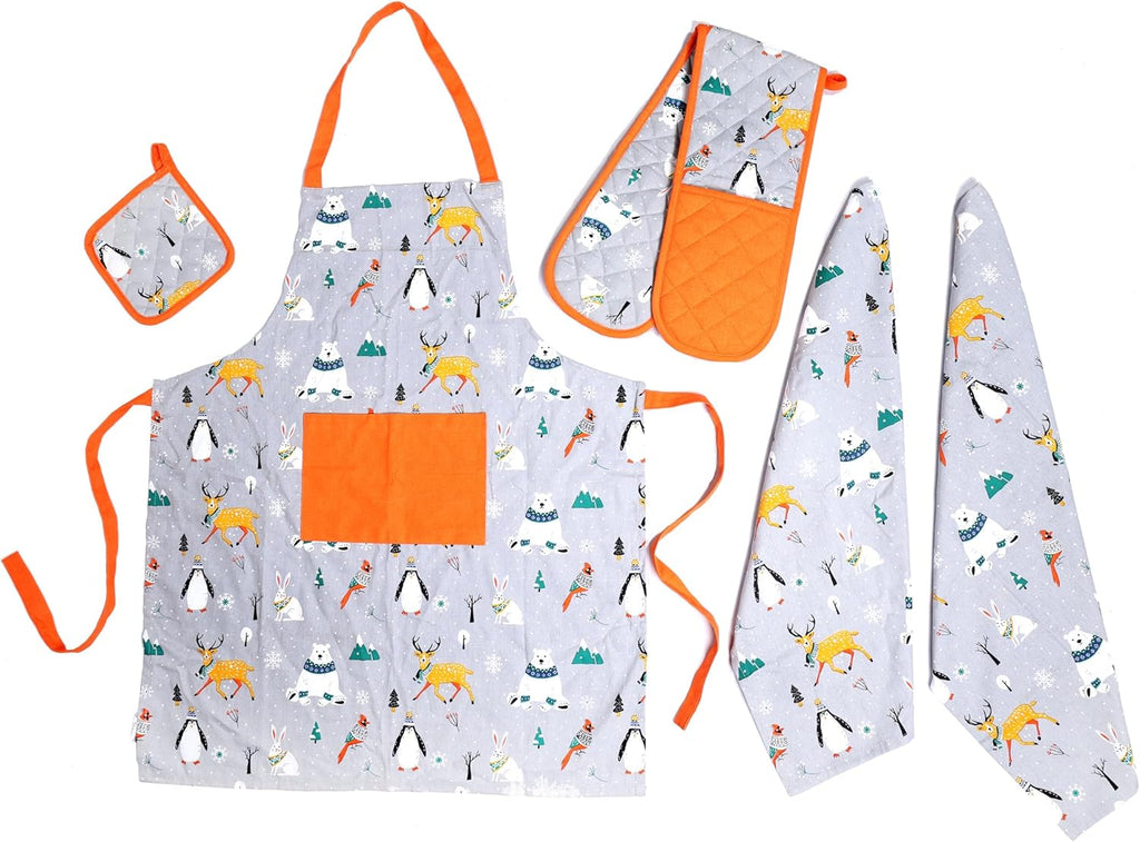 Kitchen Sets Apron Double Oven Gloves Towel Set Heat Resistant Oven Mitts Pot Holder for Home Kitchen Baking and Cooking Pack of 5 by OLIVIA ROCCO