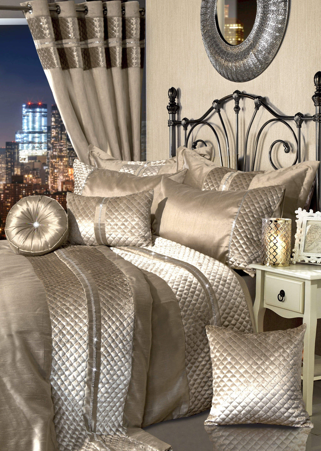 Kylie Duvet Set Luxurious Charcoal Gold Velvet Bedding with Quilted Trim & Diamante Detailing in Various Sizes by OLIVIA ROCCO