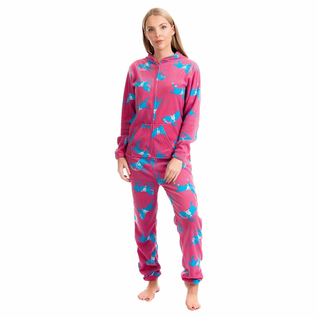 Ladies Soft Horse Print Fleece Hooded Onesie Pyjamas Warm Nightwear Jumpsuit with Zipper by Daisy Dreamer