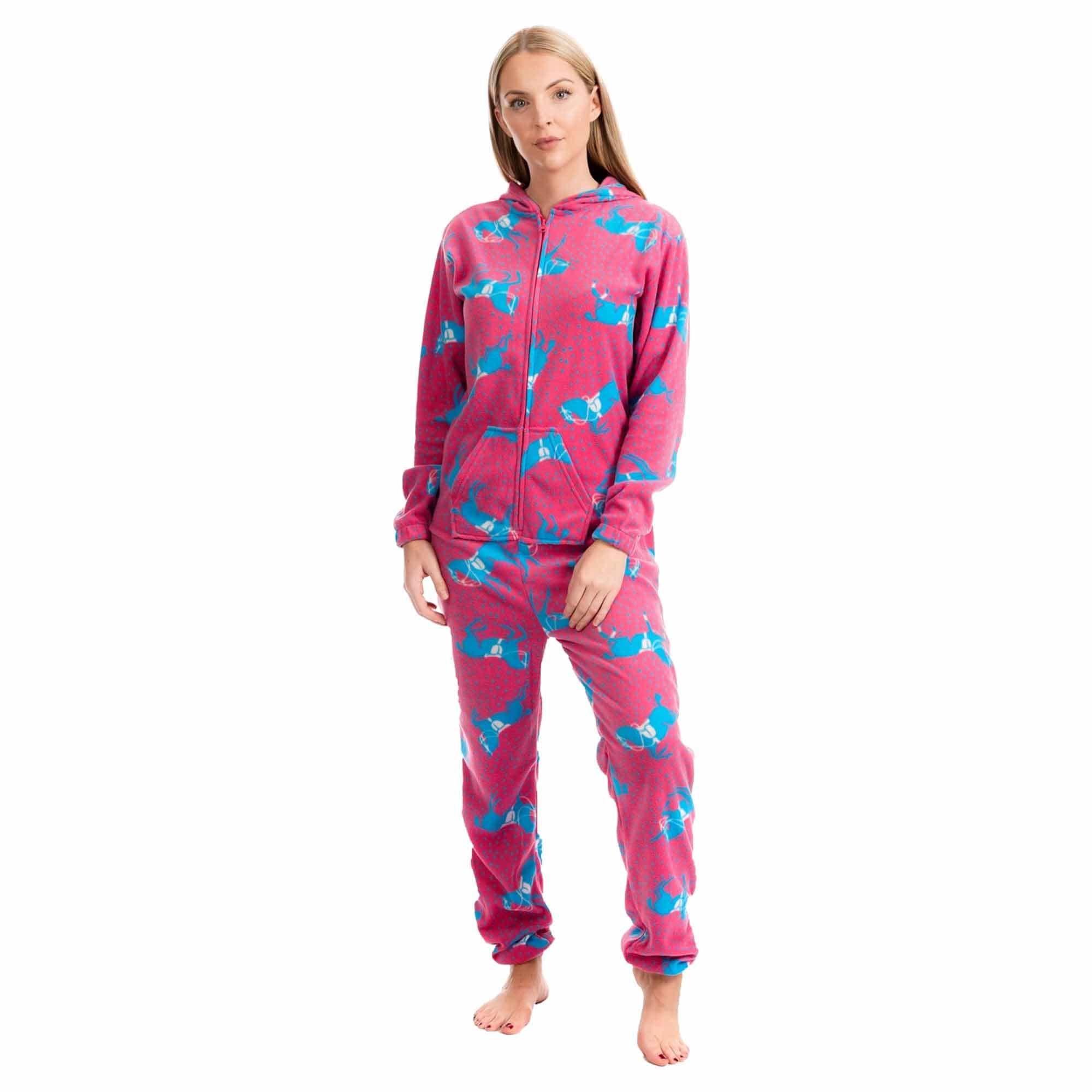 Ladies Soft Horse Print Fleece Hooded Onesie Pyjamas Warm Nightwear Jumpsuit with Zipper by Daisy Dreamer