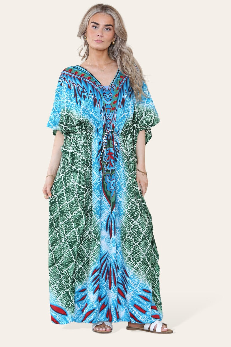 Elegant Long Caftan with Green Geometric Print and Adjustable Cinched Waist