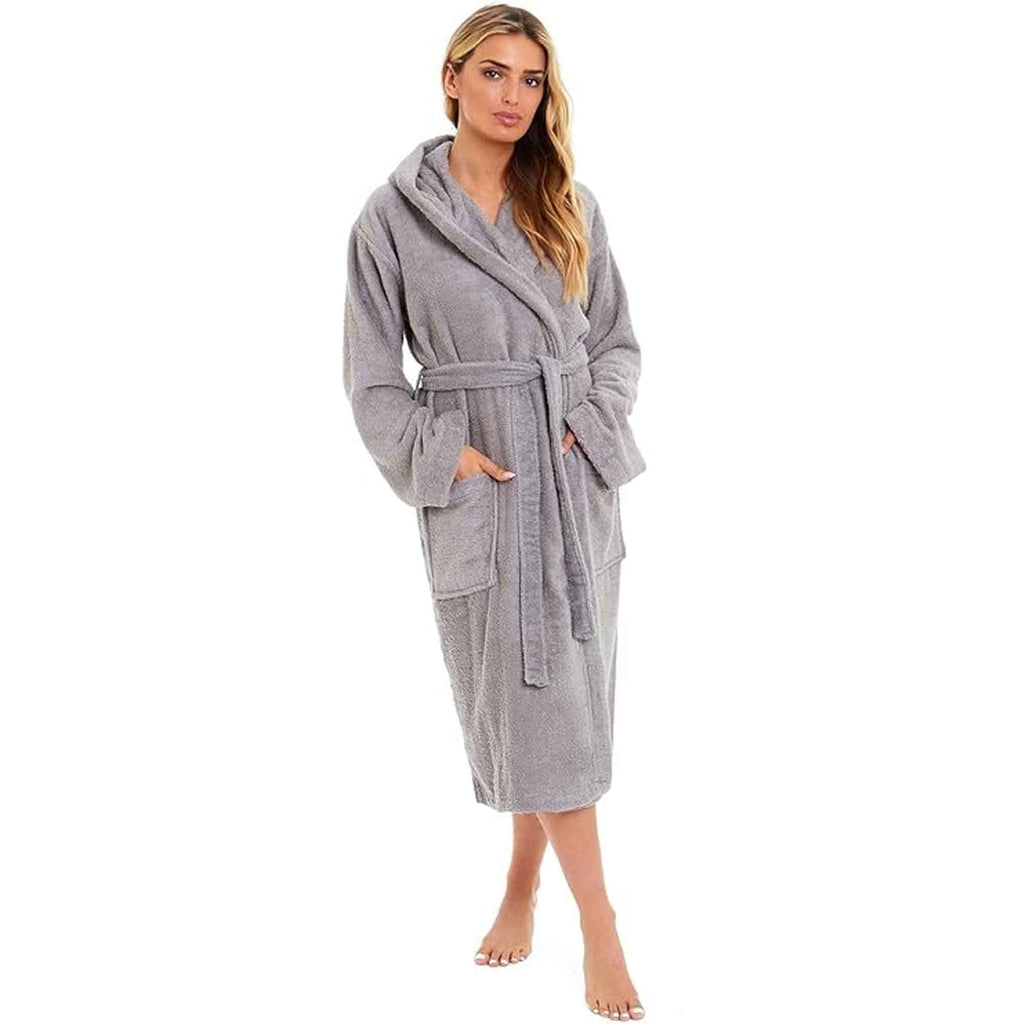 Luxurious Women's Bamboo Hooded Dressing Gown Ultra Absorbent Soft Towelling Robe for Spa Gym Home in Grey or White Sizes S to XL Daisy Dreamer