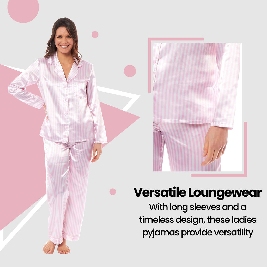 Luxurious Women's Satin Silk Long Sleeve Pyjama Set Cozy Loungewear Nightwear with Dress Shirt Collar and Loose-Fitting Pants in Black Pink Grey by Daisy Dreamer