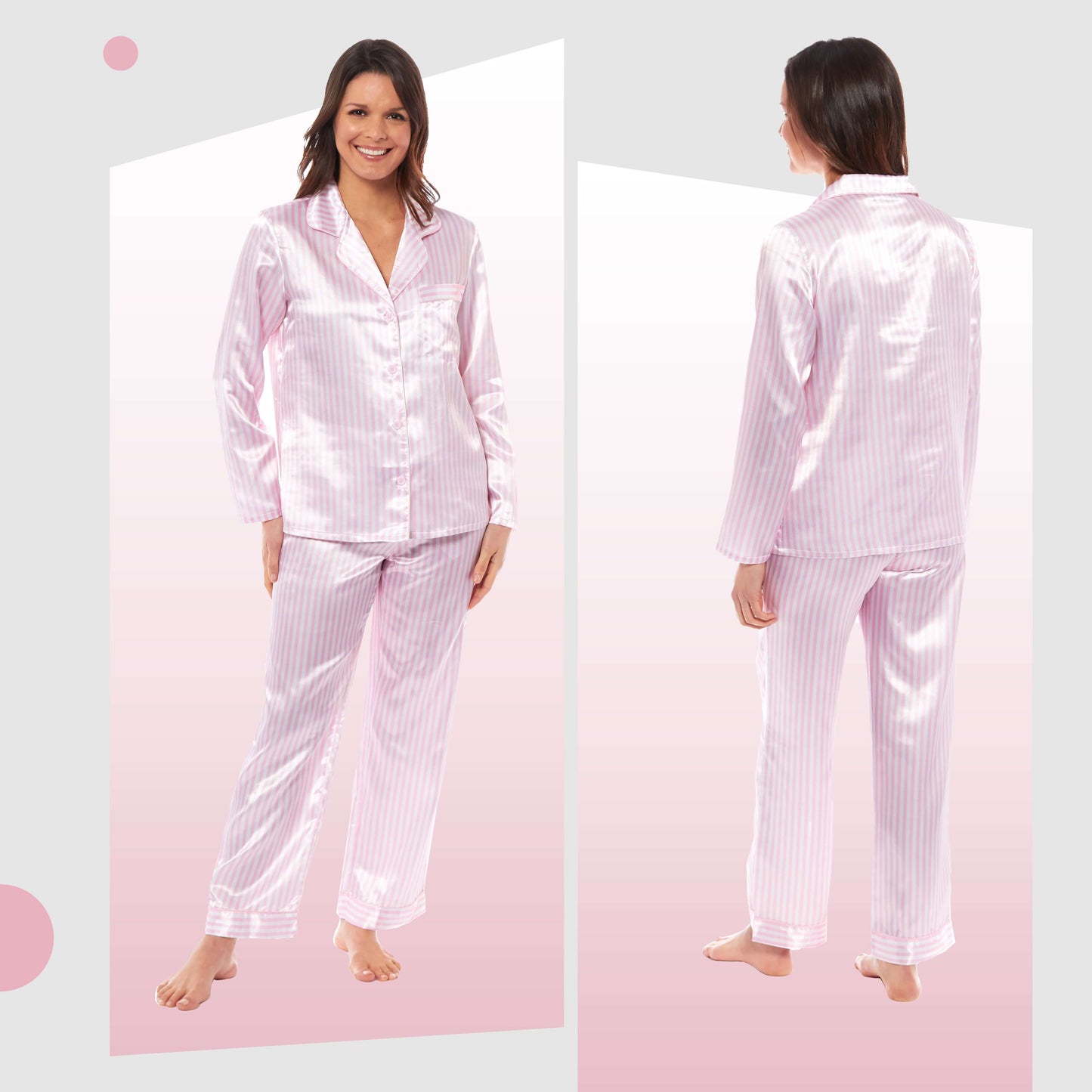 Luxurious Women's Satin Silk Long Sleeve Pyjama Set Cozy Loungewear Nightwear with Dress Shirt Collar and Loose-Fitting Pants in Black Pink Grey by Daisy Dreamer