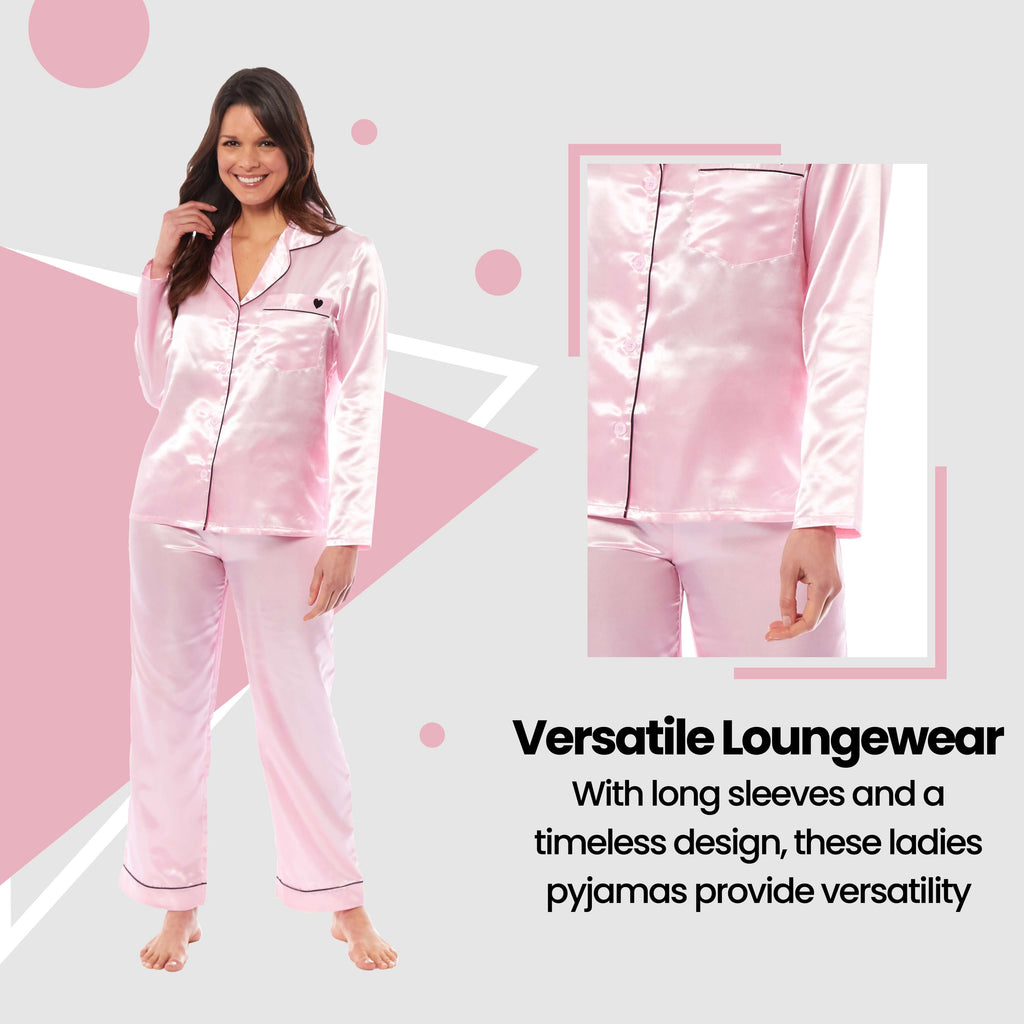 Luxurious Women's Satin Silk Long Sleeve Pyjama Set Cozy Loungewear Nightwear with Dress Shirt Collar and Loose-Fitting Pants in Black Pink Grey by Daisy Dreamer