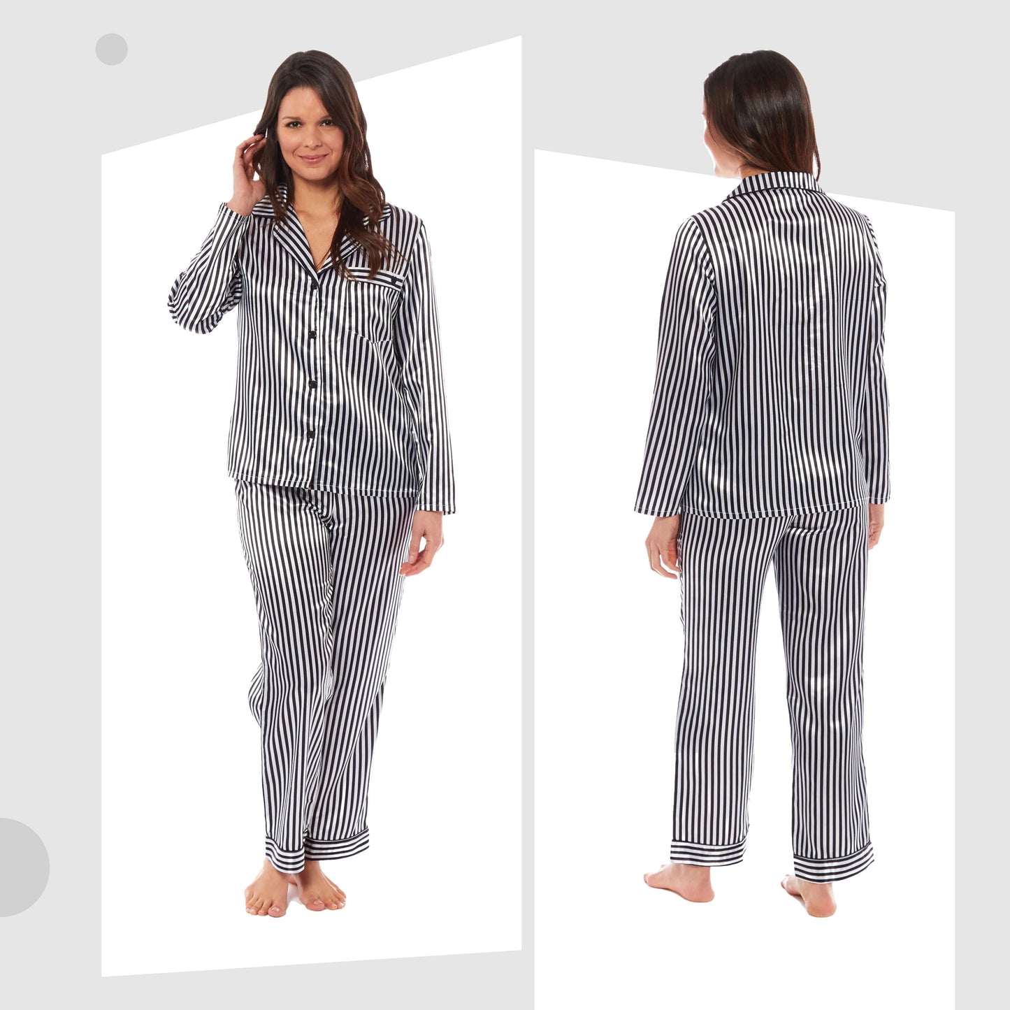 Luxurious Women's Satin Silk Long Sleeve Pyjama Set Cozy Loungewear Nightwear with Dress Shirt Collar and Loose-Fitting Pants in Black Pink Grey by Daisy Dreamer