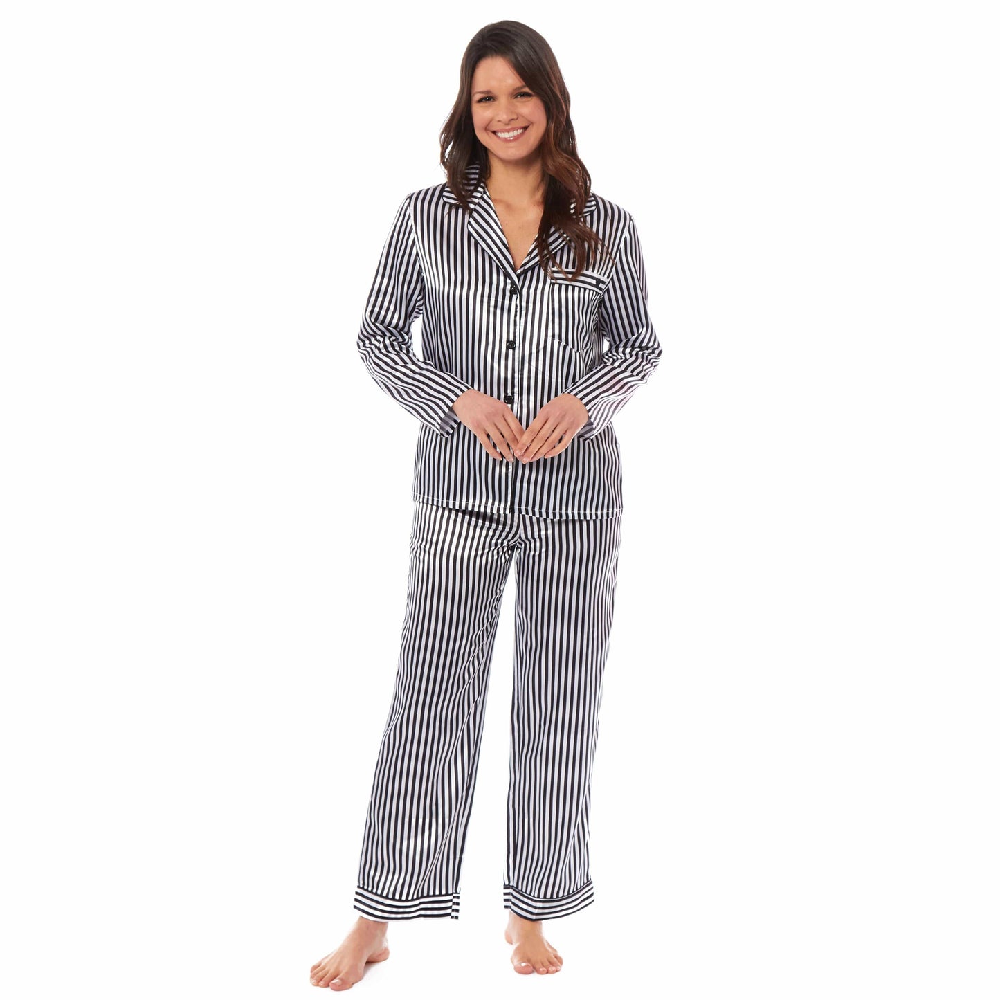 Luxurious Women's Satin Silk Long Sleeve Pyjama Set Cozy Loungewear Nightwear with Dress Shirt Collar and Loose-Fitting Pants in Black Pink Grey by Daisy Dreamer