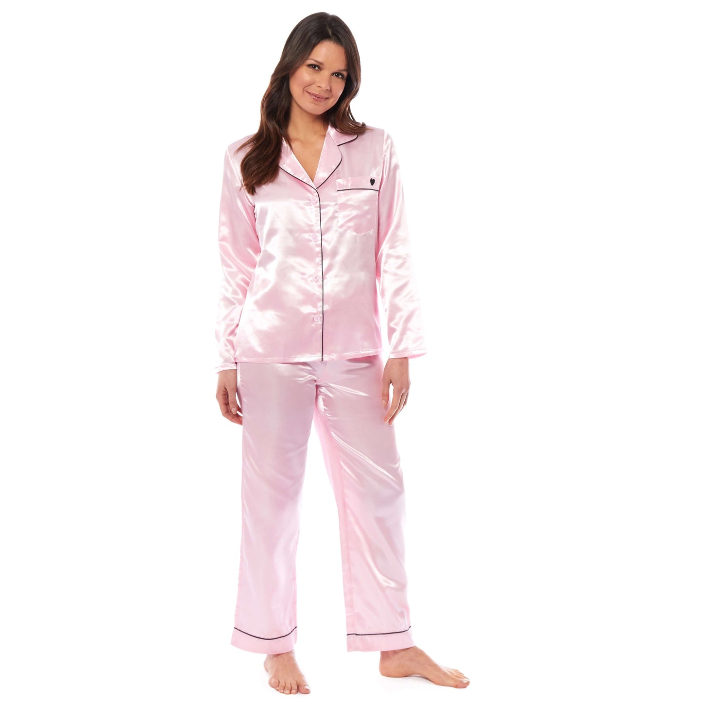Luxurious Women's Satin Silk Long Sleeve Pyjama Set Cozy Loungewear Nightwear with Dress Shirt Collar and Loose-Fitting Pants in Black Pink Grey by Daisy Dreamer