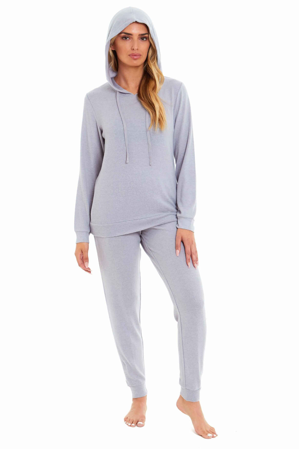 Luxurious Womens Pink Grey Cosy Hooded Pyjama Set Soft Comfortable Stretchable Loungewear by Daisy Dreamer