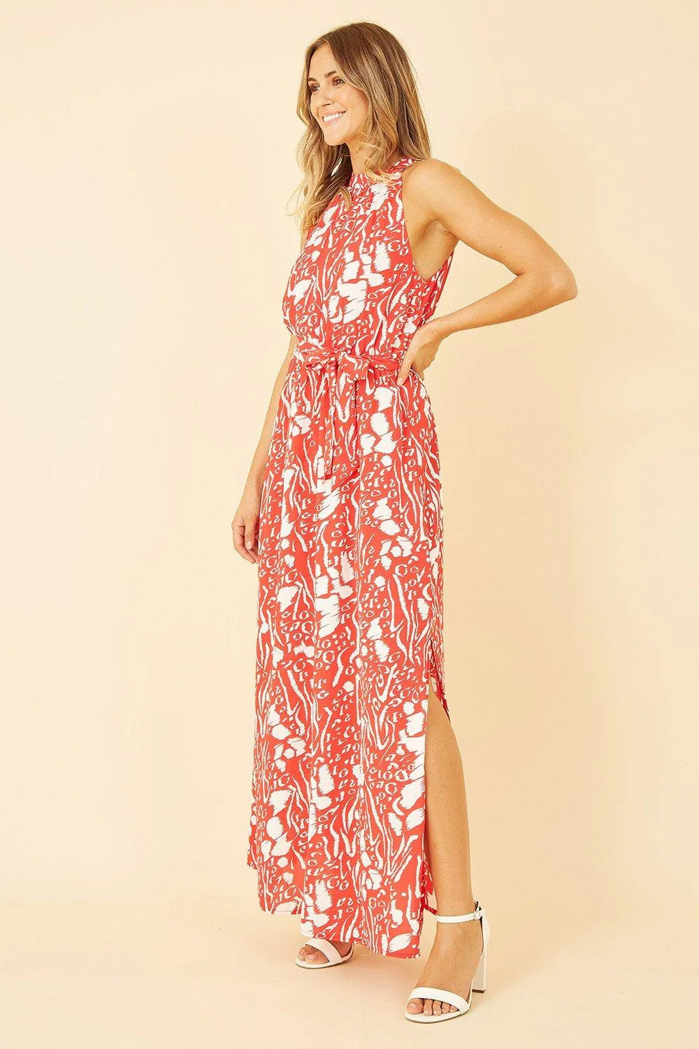 Mela Red Animal Print Halter Neck Maxi Dress