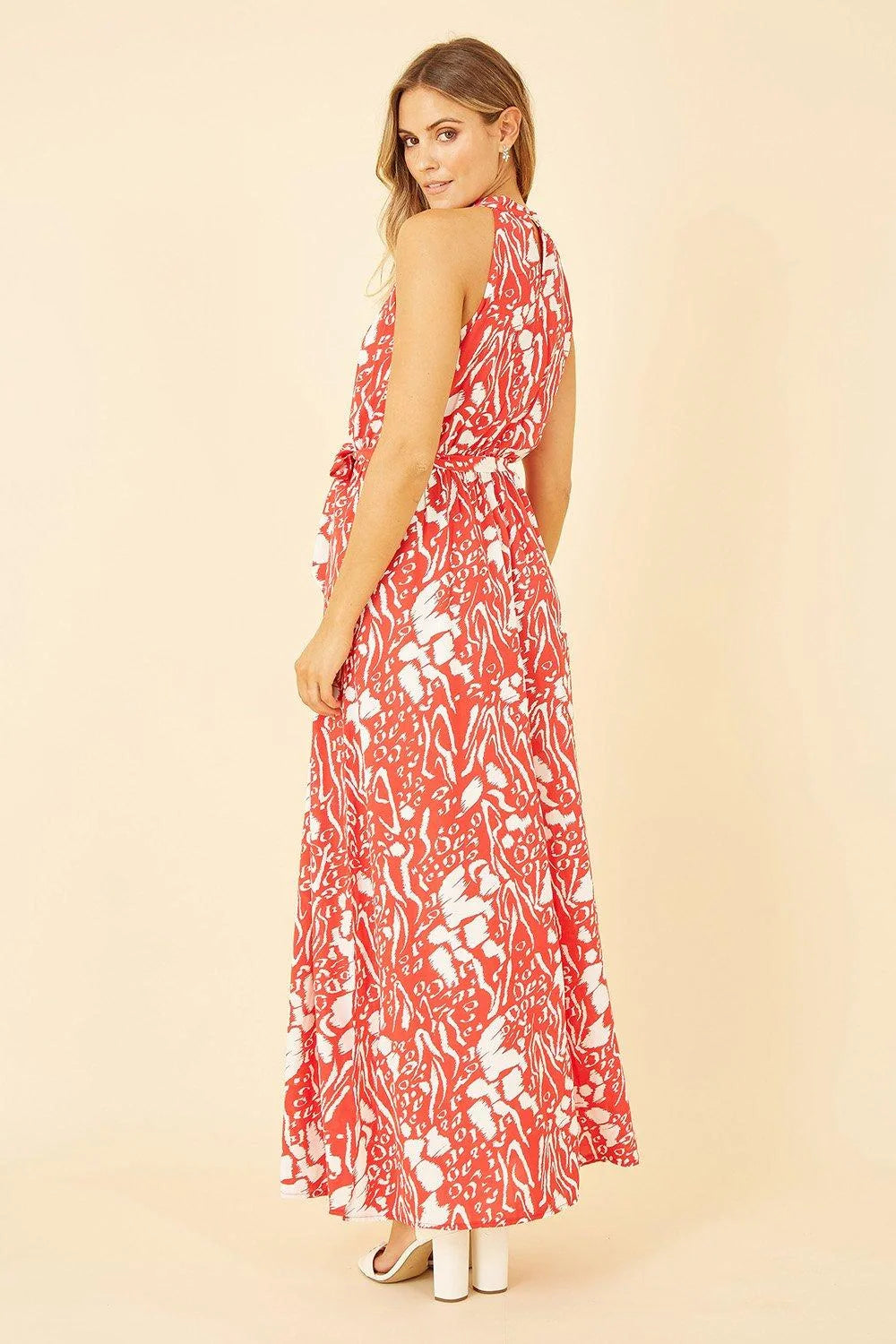 Mela Red Animal Print Halter Neck Maxi Dress