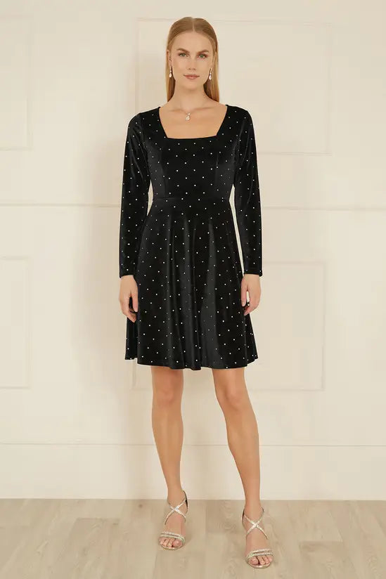 Mela Black Skater Dress With Diamantes and Long Sleeve