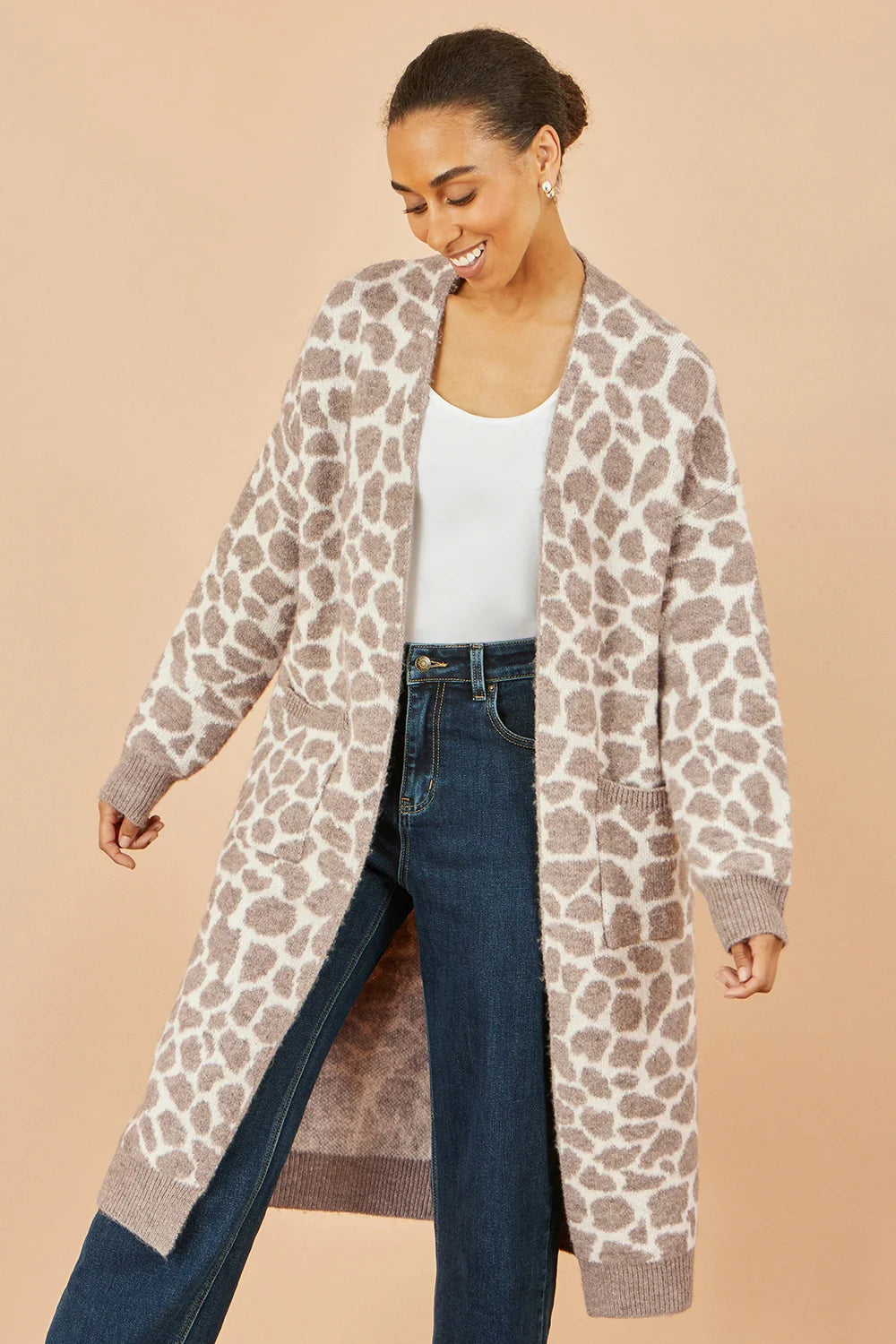 Yumi Beige Animal Intarsia Long Cardigan