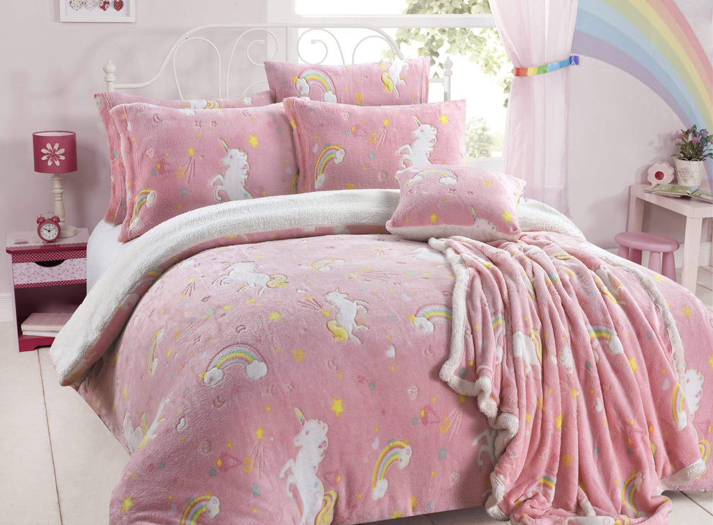 Magical Glow In The Dark Rainbow Unicorn Teddy Fleece Duvet Set for Kids Super Soft Cosy Bedding Perfect for Children's Bedrooms by OLIVIA ROCCO