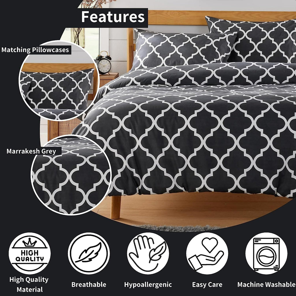 Marrakesh Grey Printed Duvet Cover Set Luxurious Easy Care Polyester Blend Bedding with Pillowcases for Master Bedroom Guest Rooms Dorms Durable and Comfortable by OLIVIA ROCCO