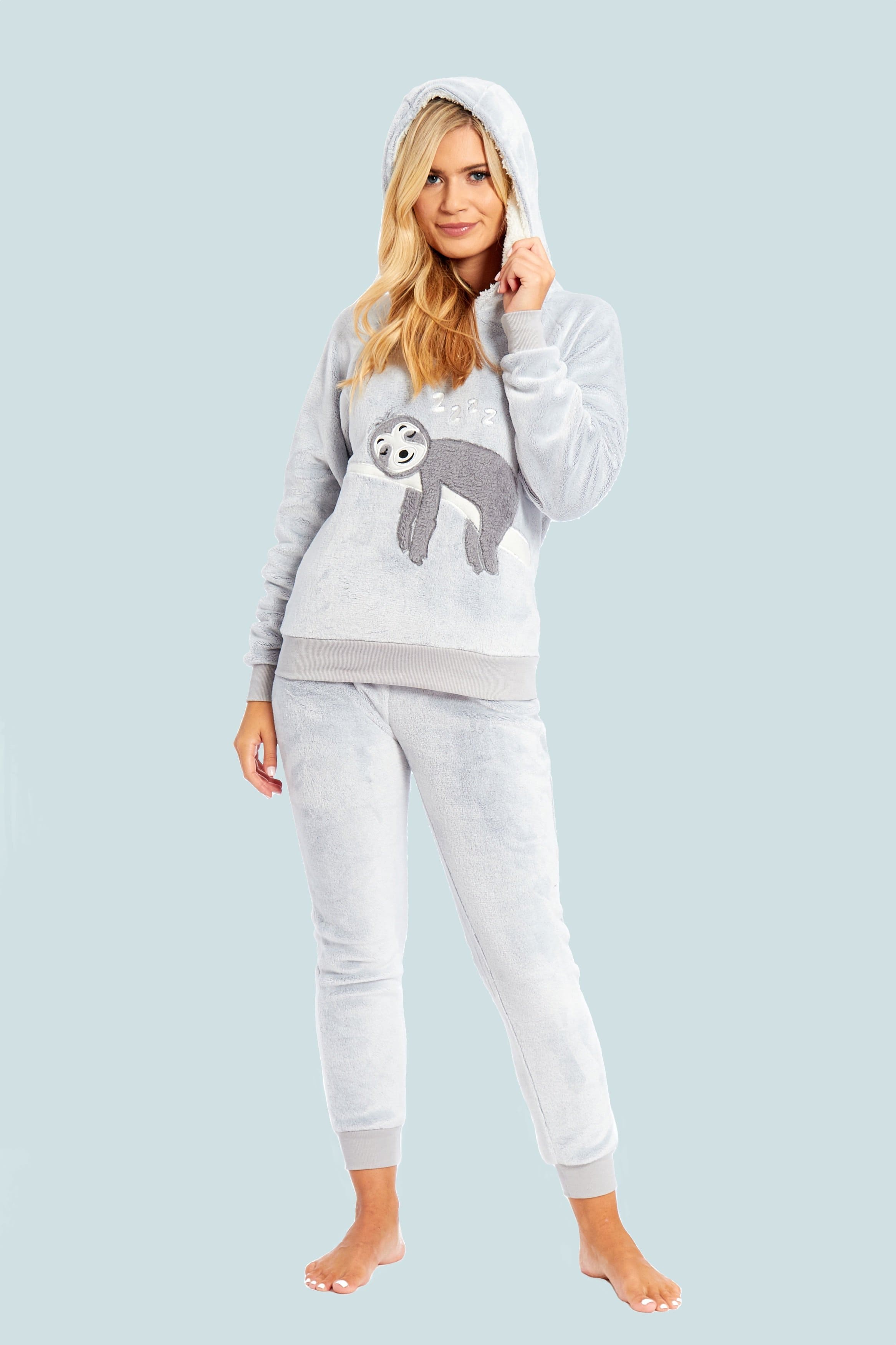 Matching Mother Daughter Plush Fleece Hooded Pyjama Set with Embroidered Sloth Design by Daisy Dreamer