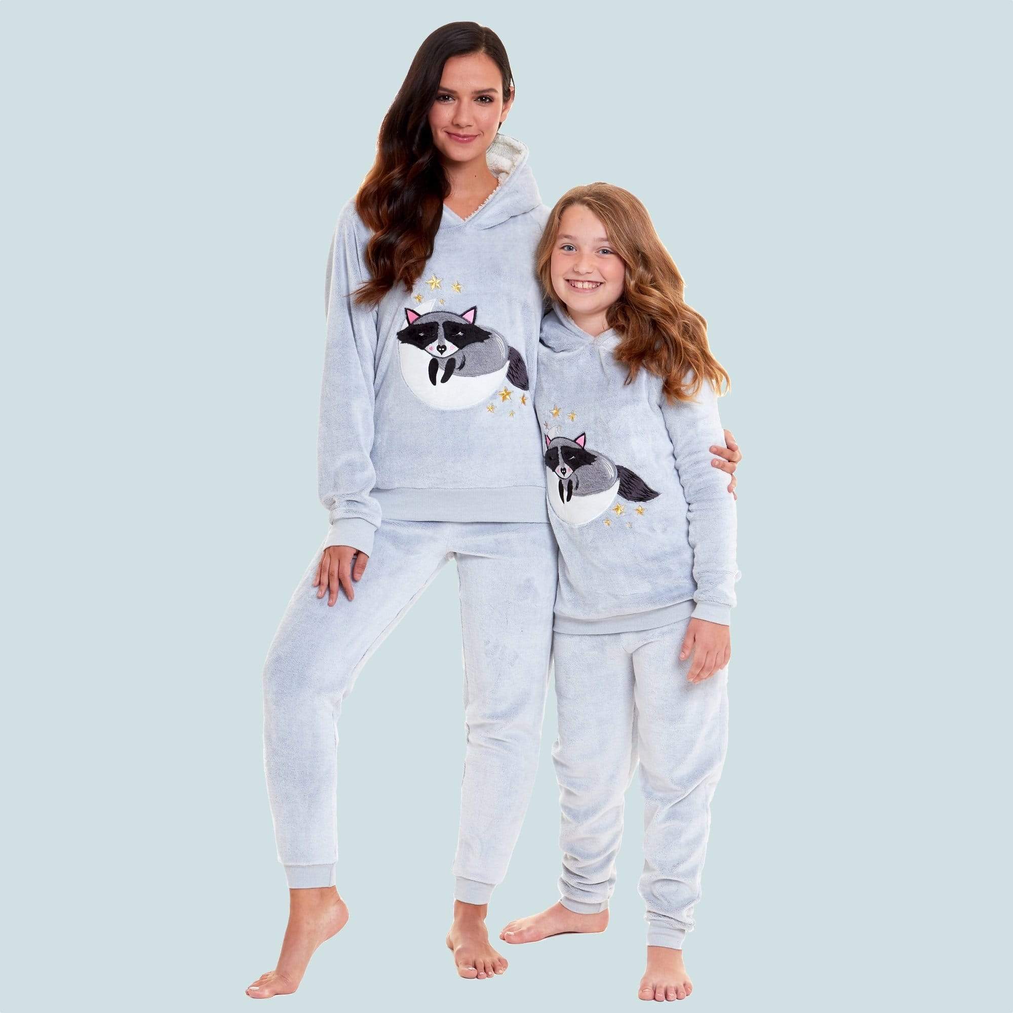 Matching Mother Daughter Raccoon Fleece Hooded Pyjama Set with Sherpa Lining by Daisy Dreamer