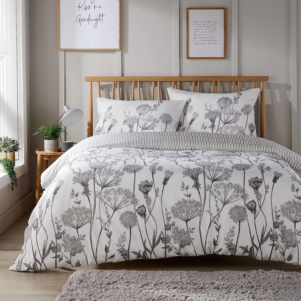 Meadow Grey Reversible Duvet Cover Set with Pillowcases Stylish Chic Design Durable Breathable Polyester Quilt Cover for Master Guest Rooms by OLIVIA ROCCO
